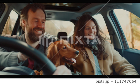 AI-generated content. Portrait of happy young adult couple with dog on roadtrip. Happy family is driving for the weekend. Mom and Dad with their Irish Setter dog are sitting in the car. Leisure 111747064