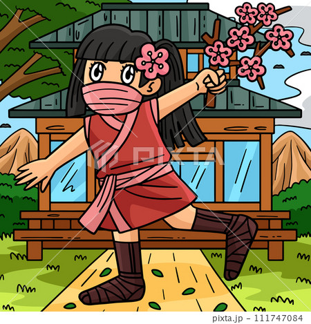 Ninja Kunoichi with Sakura Branch Colored Cartoon Ninja Kunoichi with Sakura Branch Colored Cartoon 111747084