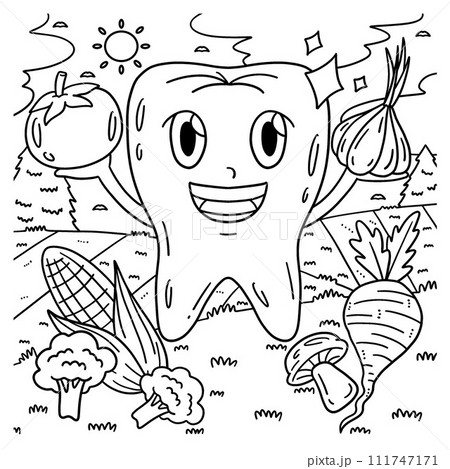 Dental Care Tooth and Vegetables Coloring Page 111747171
