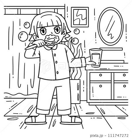 Dental Care Child Brushing Teeth Coloring Page  111747272