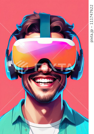 Young smiling man wearing virtual reality glasses. Vr headset. 111747622