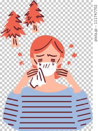 Illustration of a woman wearing a mask suffering from hay fever Illustration of a woman wearing a mask suffering from hay fever 111747702