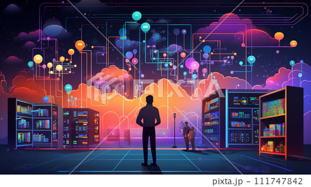 ビッグデータとAI：データ解析、AIが洞察を得る、データセンターの様子。