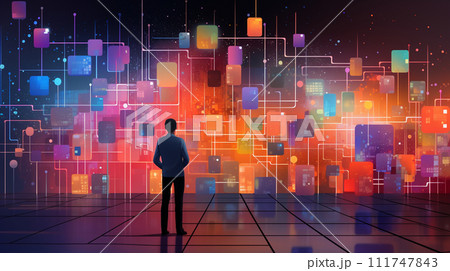 ビッグデータとAI：データ解析、AIが洞察を得る、データセンターの様子。
