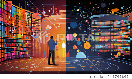 ビッグデータとAI：データ解析、AIが洞察を得る、データセンターの様子。