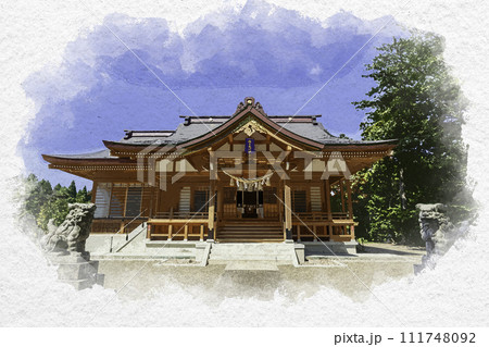 水彩画風　上越　春日神社　拝殿　新潟県上越市 111748092