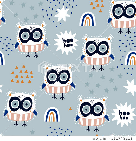 Seamless childish pattern with cute owls characters with stars and rainbows. Vector texture great for fabric textile apparel. Seamless childish pattern with cute owls characters with stars and rainbows. Vector texture great for fabric textile apparel. 111748212