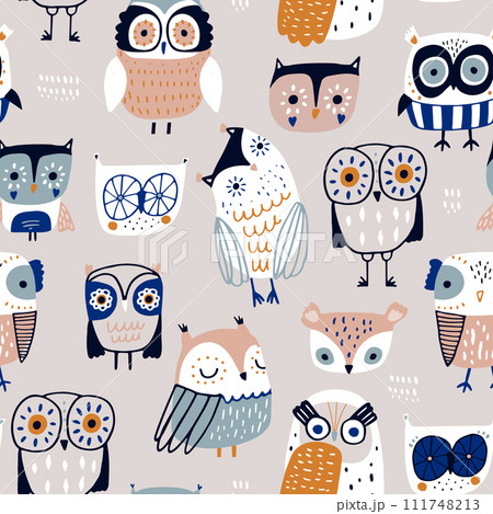 Seamless Scandinavian style pattern with cute colorful owls. Childish hand drawn owl birds background. Ideal for fabrics, textiles, apparel, wallpaper. Seamless Scandinavian style pattern with cute colorful owls. Childish hand drawn owl birds background. Ideal for fabrics, textiles, apparel, wallpaper. 111748213