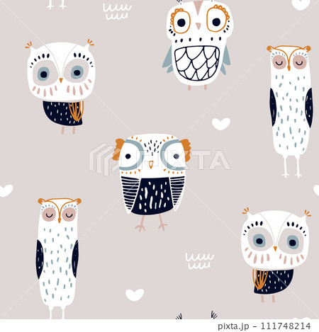 Seamless childish pattern with cute hand drawn owls characters in Scandinavian style. Vector texture great for fabric, textile, apparel. 111748214