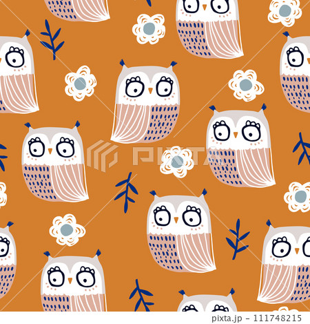 Seamless childish pattern with cute owls and flowers. Vector texture great for fabric, textile, apparel. 111748215