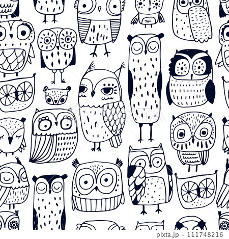 Seamless pattern with cute hand drawn outline owls and. Creative monochrome childish texture. Great for fabric, textile Vector Illustration 111748216
