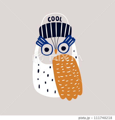 Cute cartoon owl bird in beanie hat. Creative owl character isolated. Great for poster, wall art, sticker, apparel print. Vector illustration. 111748218