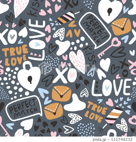 Seamless patterns with hearts, love lettering quotes and messages. Wedding and Valentines day texture. Vector illustration Seamless patterns with hearts, love lettering quotes and messages. Wedding and Valentines day texture. Vector illustration 111748232