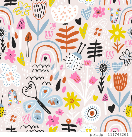 Seamless hight detailed botanical pattern with rainbows, mushrooms, bugs, butterfly, flowers, leaves. Hand drawn pink Floral texture for fabric, textile, digital papers. Vector illustration Seamless hight detailed botanical pattern with rainbows, mushrooms, bugs, butterfly, flowers, leaves. Hand drawn pink Floral texture for fabric, textile, digital papers. Vector illustration 111748261