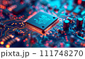 Macro photography of a microchip with intricate circuits and glowing lights, showcasing modern electronic technology. 111748270