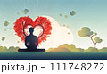 Illustration of a tranquil meditation scene with a person's silhouette under a heart-shaped tree against a serene backdrop. 111748272