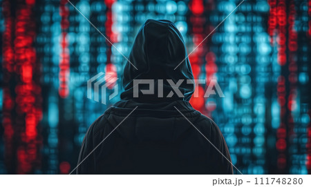A mysterious figure in a hoodie stands before a backdrop of digital binary code, symbolizing cyber security and hacking. 111748280