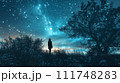A lone figure stands amidst wildflowers, looking up at a breathtaking night sky peppered with stars and the Milky Way. 111748283