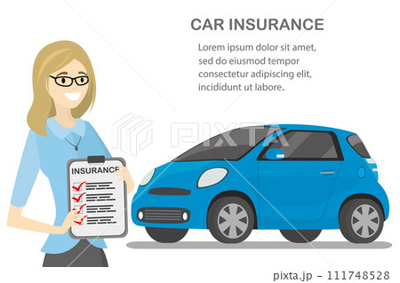Cartoon woman shows car insurance blank,happy female holding doc Cartoon woman shows car insurance blank,happy female holding doc 111748528