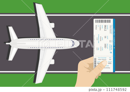 Airplane on the runway top view,hand holding boarding pass Airplane on the runway top view,hand holding boarding pass 111748592