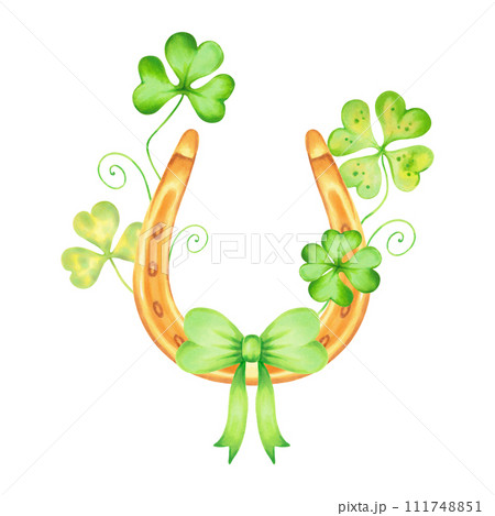 Composition with clover petals and golden horseshoe with green bow.Watercolor and marker illustration.Hand drawn Irish symbol for St. Patrick's Day.Isolated sketch element of luck, wealth or success. 111748851