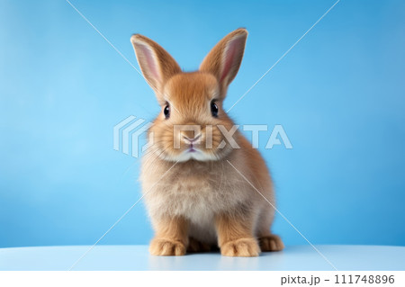 Cute brown rabbit sitting on solid blue background Cute brown rabbit sitting on solid blue background 111748896