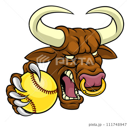 Bull Minotaur Longhorn Cow Softball Mascot Cartoon Bull Minotaur Longhorn Cow Softball Mascot Cartoon 111748947