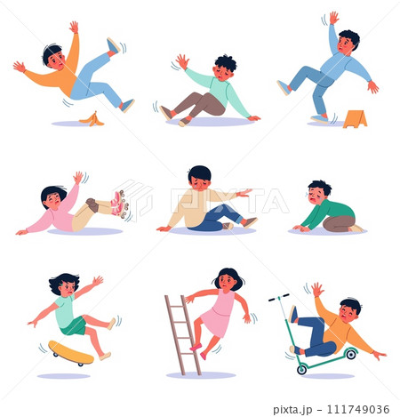 Cartoon falling kids. Boys and girls in danger, slipping, tripping and injuries, result of active games, unhappy crying child, skateboard rollers and scooter, ladder and wet floor, vector set Cartoon falling kids. Boys and girls in danger, slipping, tripping and injuries, result of active games, unhappy crying child, skateboard rollers and scooter, ladder and wet floor, vector set 111749036