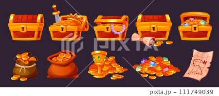 Cartoon pirate treasures. Wooden chests full of gold coins, adventure game icons, gems, cups and old cards, bags of money. Fantasy ancient jewelry trunk, games elements, tidy vector gui set 111749039