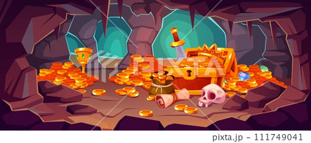 Cave with ancient treasure. Cartoon pirate trophies, piles of golden coins and gems, cups, weapons and skull, wooden chest with gold, horizontal background, medieval wealth, tidy vector concept 111749041