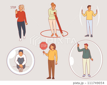 People personal boundaries. Social interaction, men and women outline framework, individual spaces, keeping your distance, boy in soap bubble, cartoon flat style isolated vector set 111749054