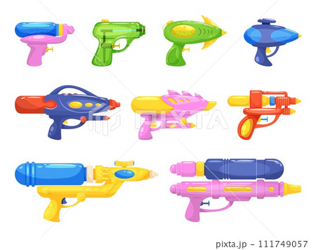 Plastic water weapon. Kids toy guns and liquid shooting pistols, children summer pouring games, songkran thai holiday elements, different forms and size watergun cartoon flat isolated vector set 111749057