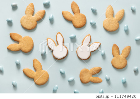 Easter cookies shaped of bunny and chocolate eggs on blue background. 111749420