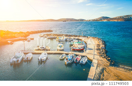 Bird's eye view on motorboats at marina, Paros island 111749503