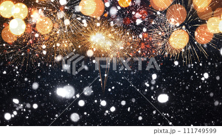Amazing golden fireworks with snow on the starry sky with a yellow bokeh light.  New Year 2024 and Christmas card 111749599