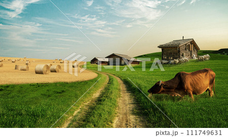 Beautiful countryside nature panorama view with green field, cow, hay and rural houses with sheep. Agricultural and ecological products, concept. Sand path leads to wooden houses. Village Beautiful countryside nature panorama view with green field, cow, hay and rural houses with sheep. Agricultural and ecological products, concept. Sand path leads to wooden houses. Village 111749631