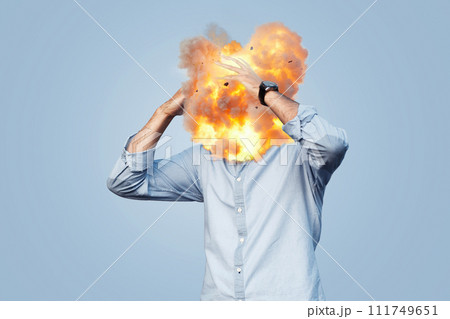 Creative business man with head explosion, creative idea. Stressed, angry and irritated, concept. Bad mood. Panic and investment. Boss 111749651