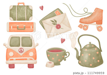 90's retro objects illustration set. Van, suitcases, letter, roller, mug, kettle. Clip art 90's retro objects illustration set. Van, suitcases, letter, roller, mug, kettle. Clip art 111749959