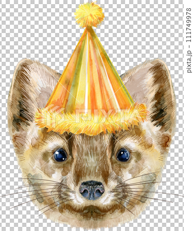 Watercolor portrait of a sable in party hat on a white background 111749978