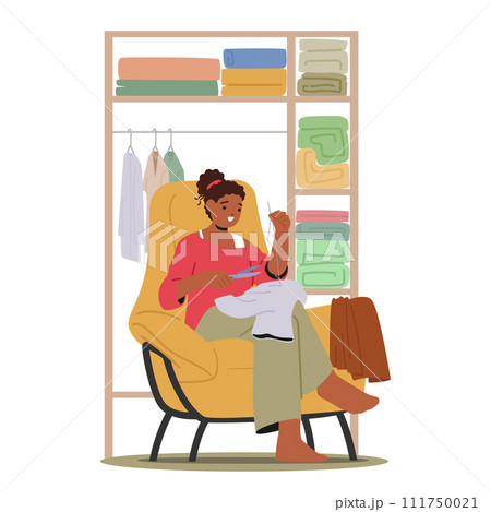 Skilled Woman Character Diligently Repairs And Mending Clothes With Scissors, Weaving Threads To Restore Fabric 111750021