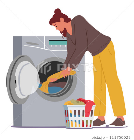 Female Character Loads Clothes Into The Washing Machine, Meticulously Arranging Garments For A Thorough Clean 111750023