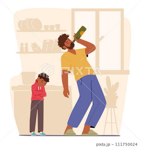 Father Drinks Alcohol, Son Stands beside Quietly. A Hint Of Sadness In The Child Eyes As He Wipes Away A Few Tears Father Drinks Alcohol, Son Stands beside Quietly. A Hint Of Sadness In The Child Eyes As He Wipes Away A Few Tears 111750024