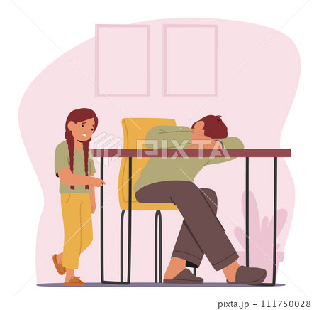 Inebriated Father Character Slumbers On The Table, Unaware, While His Small Daughter Gazes, Puzzled, Vector Illustration 111750028
