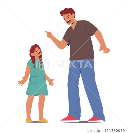 Angry Father And Little Daughter Characters Stand Face-to-face, Voices Raised. Their Expressions Are Intense 111750029