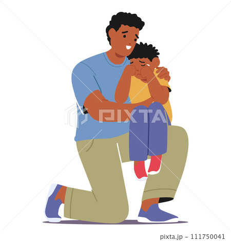 Father Gently Wraps His Arms Around His Little Son, Whispering Words Of Comfort, Drying Tears With A Tender Touch 111750041