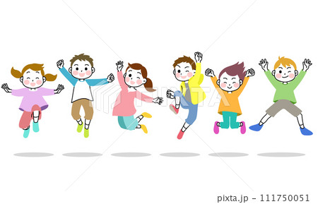 イラスト素材：元気いっぱいにジャンプする子供たち　6人　影あり 111750051