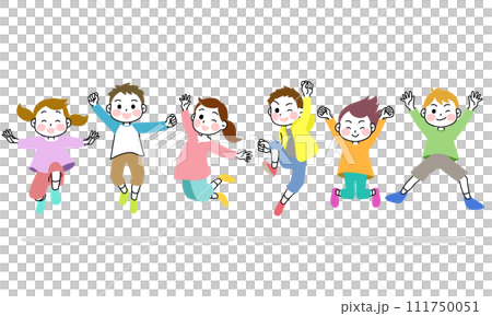 イラスト素材：元気いっぱいにジャンプする子供たち　6人　影あり 111750051