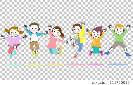 插畫素材：6個孩子跳躍得勁爆，帶有彩色陰影 111750052