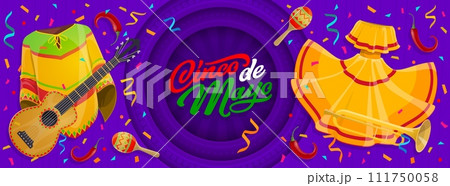 Cinco de mayo paper cut banner with mexican national costumes, confetti and maracas, capturing the spirit of celebration and cultural pride. Vector background with poncho, guitar, and red chili pepper Cinco de mayo paper cut banner with mexican national costumes, confetti and maracas, capturing the spirit of celebration and cultural pride. Vector background with poncho, guitar, and red chili pepper 111750058