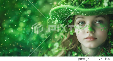 Close up child girl head in green hat with shamrock and clover leaves on sparkle face. 111750100